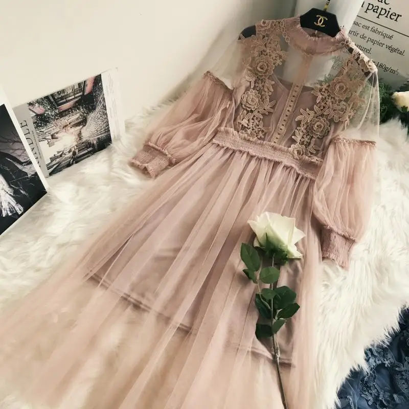 Teenager Lace Flower Dress Long Gauze Lantern Sleeve Voile Girls Retro Hook Princess 2 Piece Set for 12-20Y | Детская одежда и