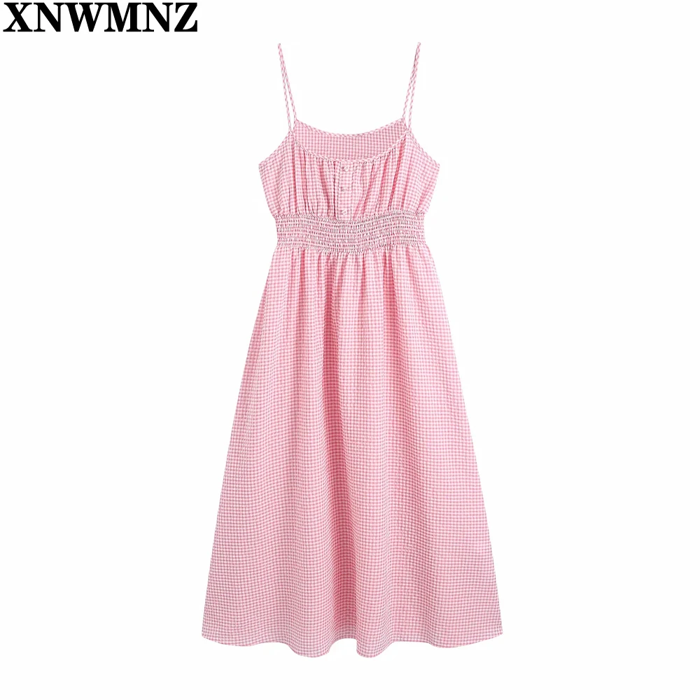 

XNWMNZ 2021 New Women Cotton Plaid Spaghetti Strap Dress Summer Sleeveless Checked Elastic Waist Camisole Dresses Vestidos Mujer