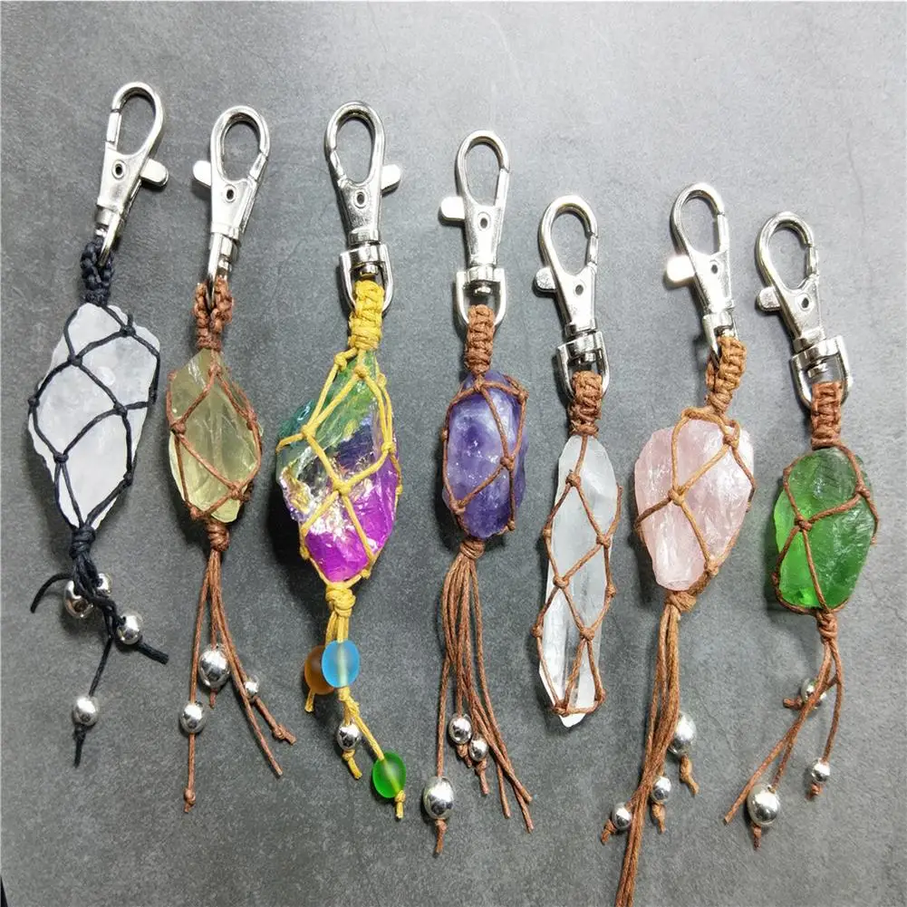 

Fashion Natural Stone Key Chains Pendant Natural Color Crystal Stone Woven Key Rings Key Chains Bag Decoration Accessories