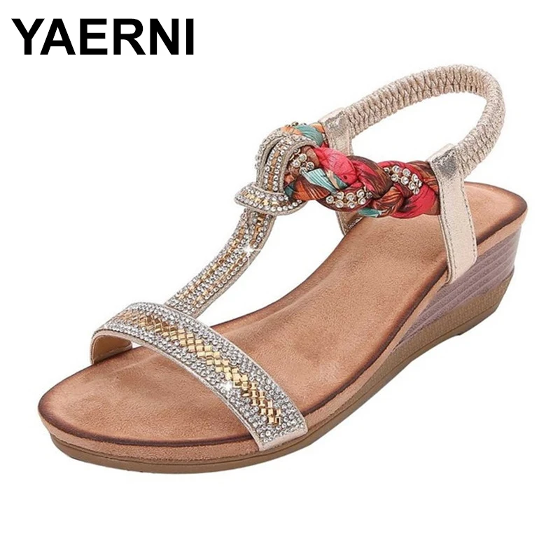

YAERNIRhinestone Open Toe Summer Sandals Women Beach Bohemian Style Wedge Shoes Woman Calzado Mujer Leather Ladies Bling Sandals