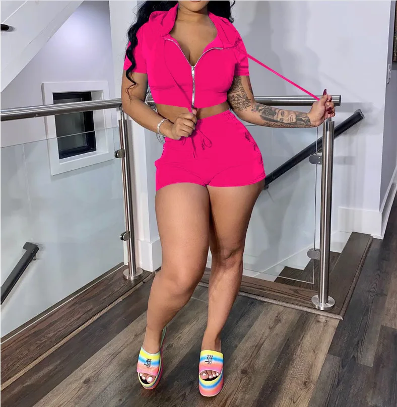 

Soild Zipper Hooded Women's Casual Sweatshirt and Lace-up Shorts Suit Ladies Short Tops All-match Streetwear Daily Casual