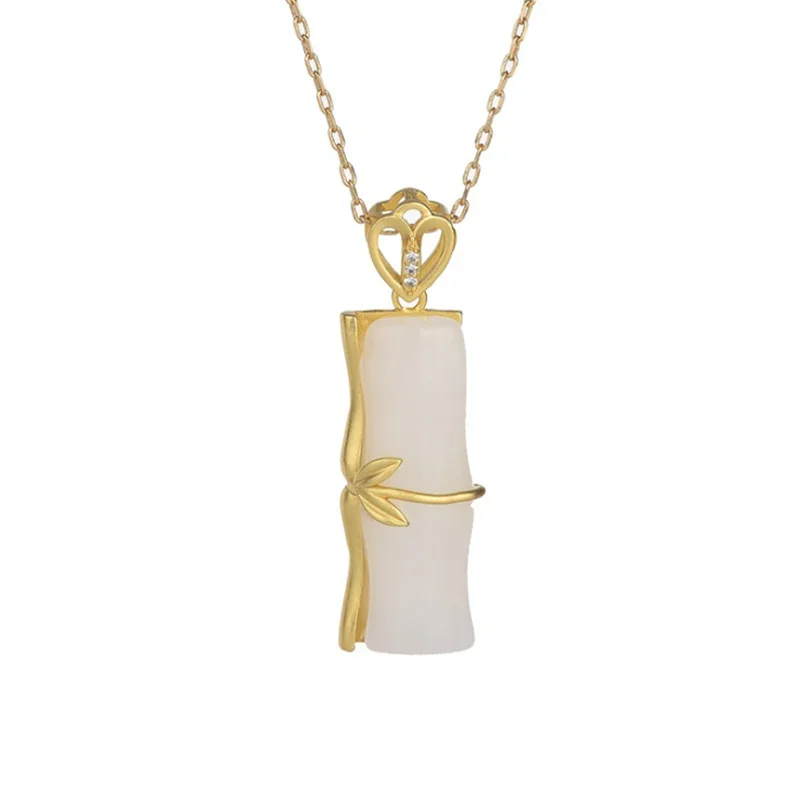 

2021 New Fashion Simple Women Pendant Necklace Gold Color Retro Jade Bamboo Zircon Opal Short Clavicle Necklace Jewelry