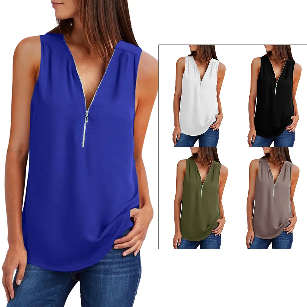 

Белая рубашка без рукавов с молнией на горловине, Женский повседневный летний топ