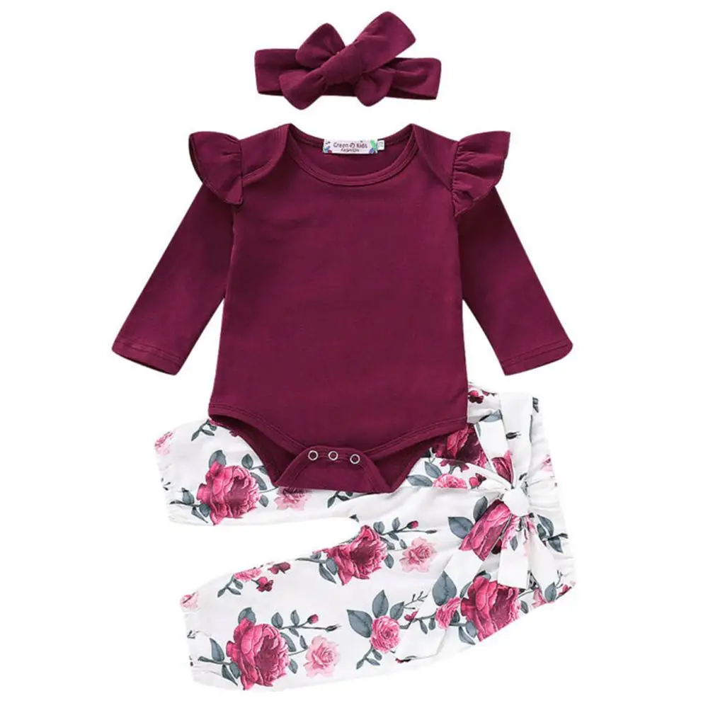 

Newborn Baby Girls Ruffle Romper Tops Floral Pants Set with Headband Long Sleeve Casual Outfits