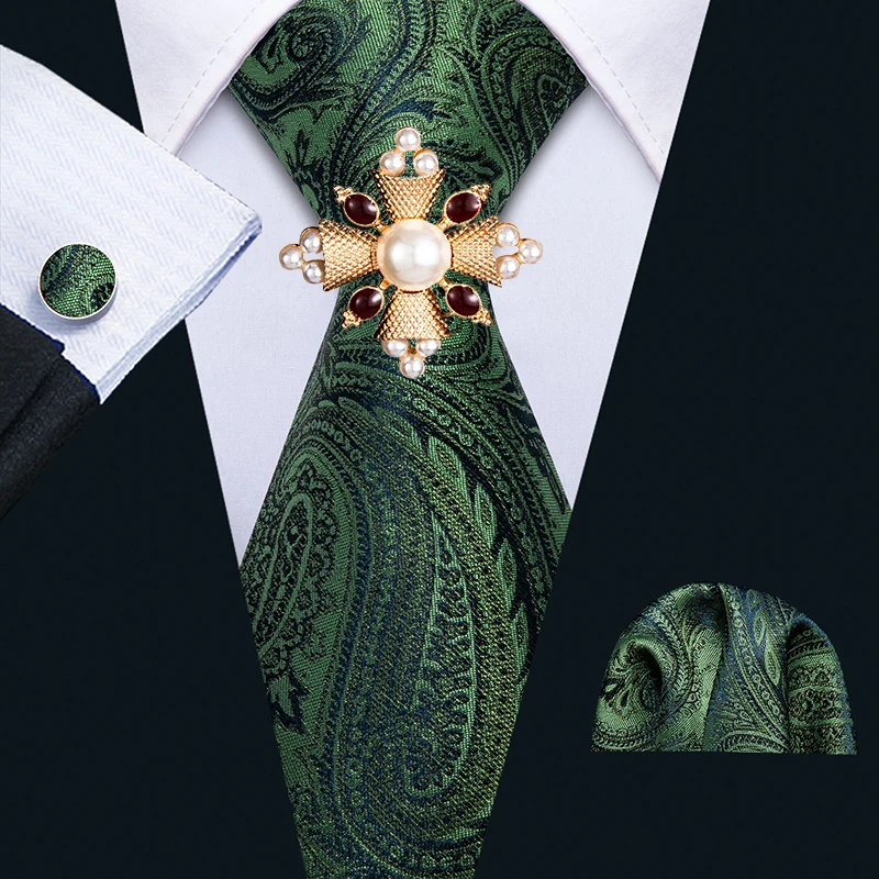 Зеленый Шелковый Галстук платок Запонки брошь набор мужской классический