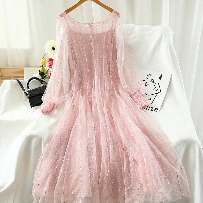 Женское летнее плиссированное платье с круглым вырезом и блестками 2 шт.|Женские