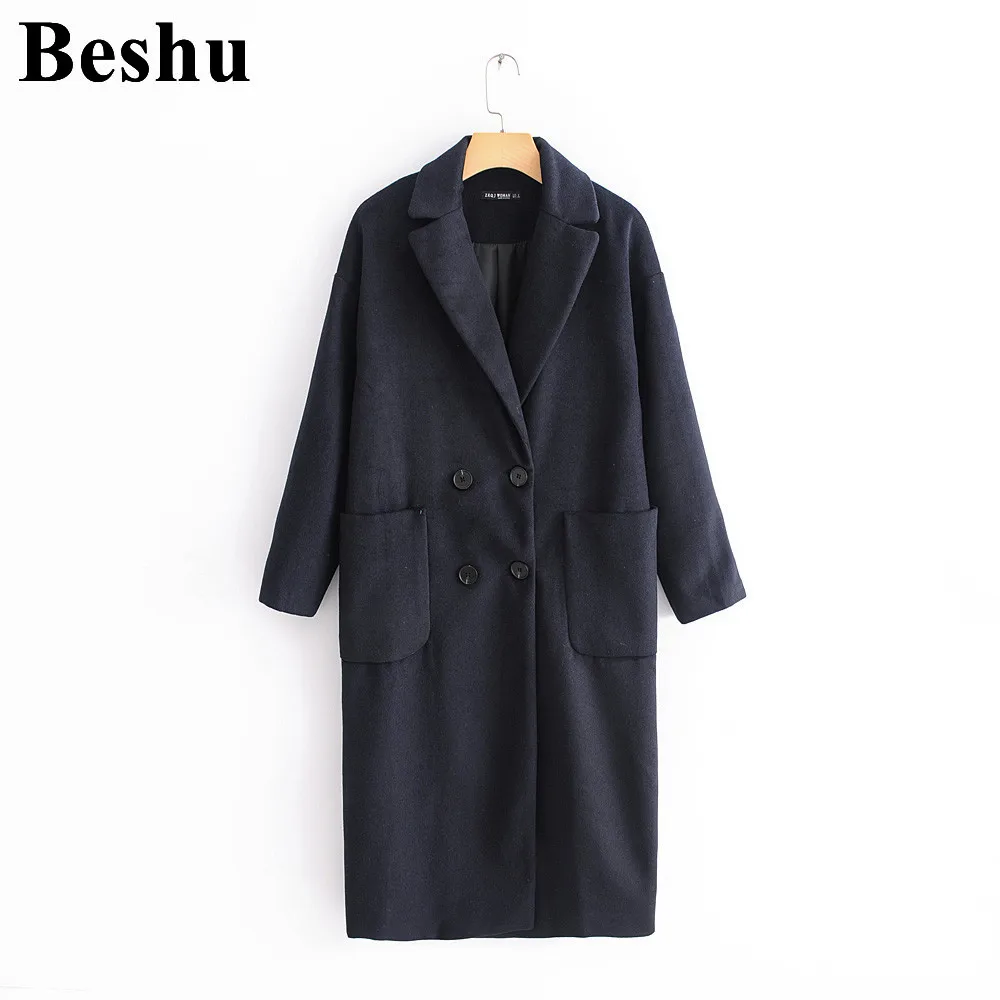 

Winter ZA coat Blends Pocket Ladies Casual Wool Blend Solid Navy Long Coat Turn-down Collar Warm Tops Mujer Streetwear Outwear