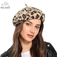 welrog retro leopard print berets winter soft rabbit fur hairy knitting painter style hats wild fashion artist warm beanie hat
