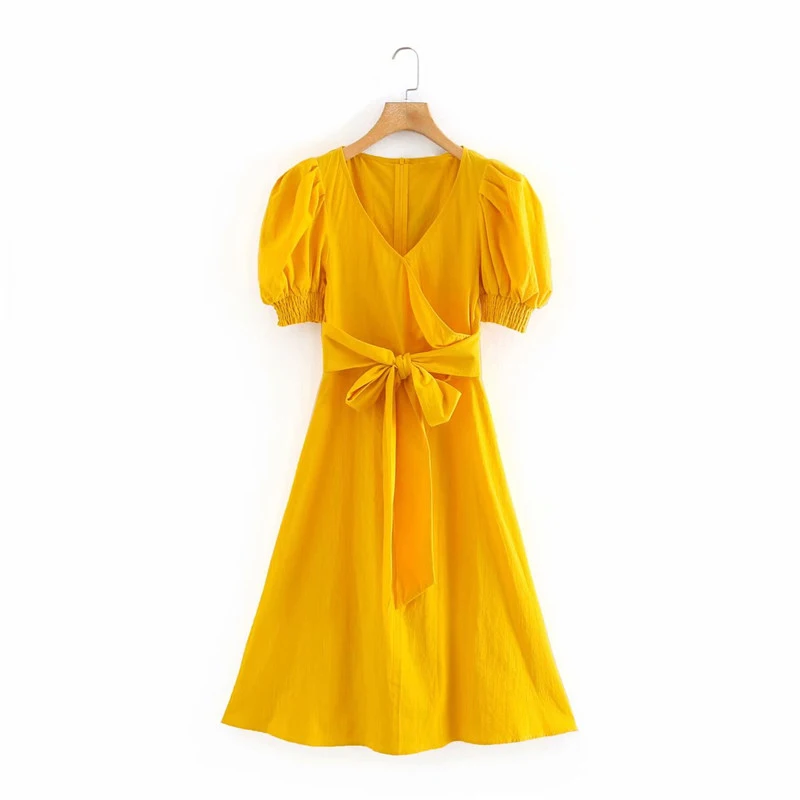 Летние повседневные женские желтые платья za с v образным вырезом 2020 шикарные