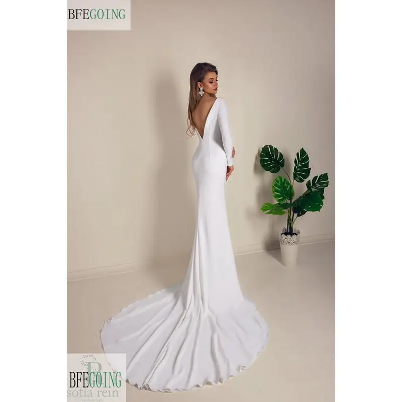 

White Satin Chiffon Long Sleeves Floor-Length Sheath Wedding Dresses Chapel Train Custom Made Bridal Gowns