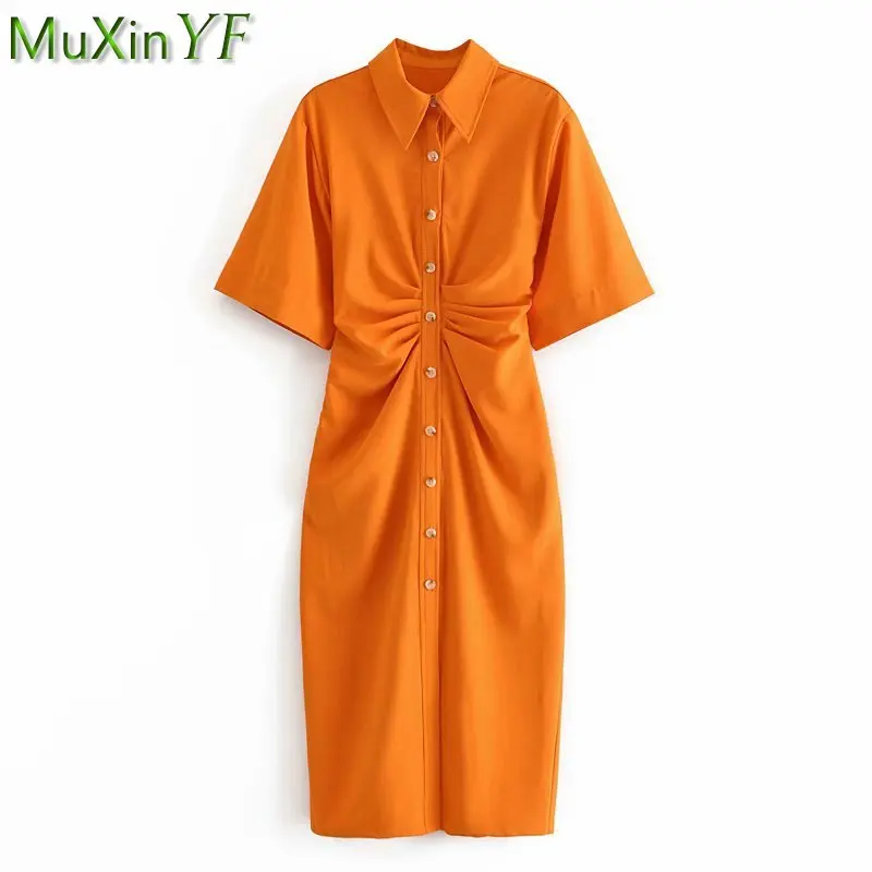 

Женское платье-рубашка с коротким рукавом, длинное однотонное оранжевое платье-рубашка с воротником-поло и разрезом, лето 2021