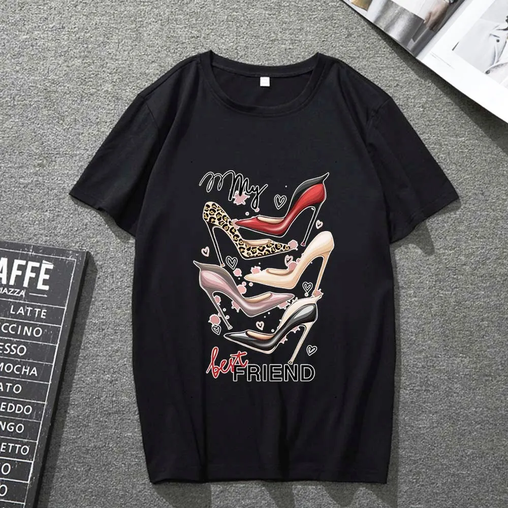

T-shirt Men and Women Japanese All-match Short-sleeved Female High-heeled Shoes Pattern Printing Harajuku Casual Black Top