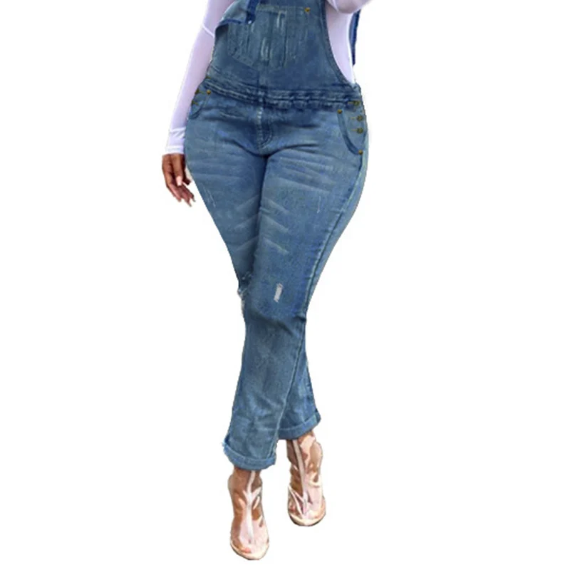 

2021 New Style Women Fashion Casual Sexy Denim Jumpsuits Trousers Belt Bodysuit Ripped Lady Blue Straight Plus Size Jeans