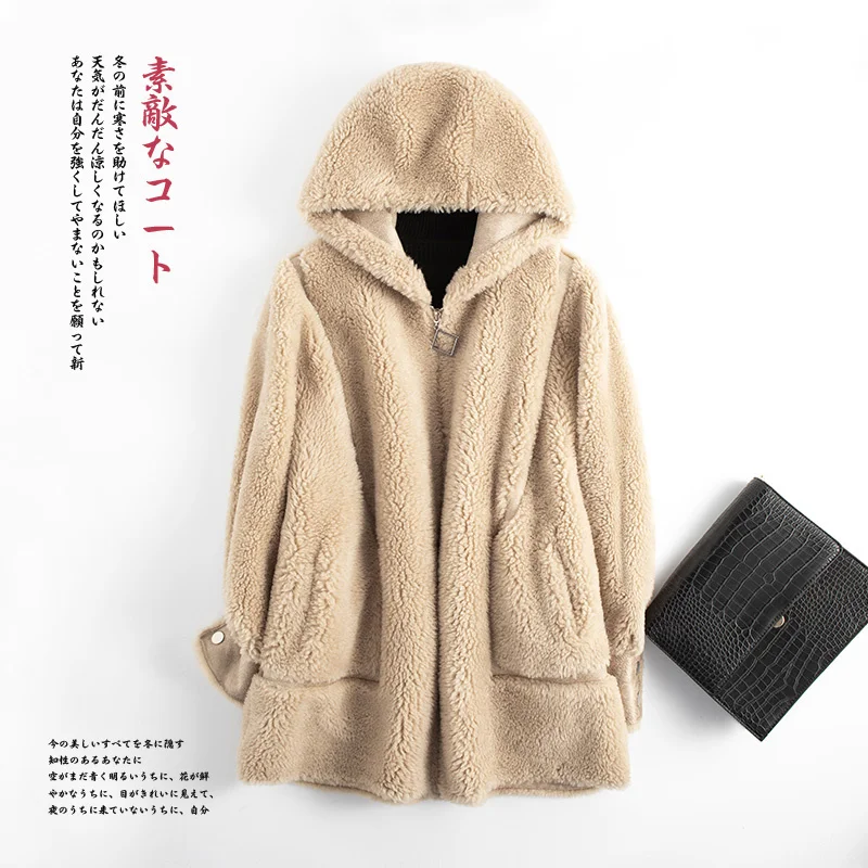 Женское шерстяное пальто из овечьей шерсти Длинная зимняя куртка с капюшоном и