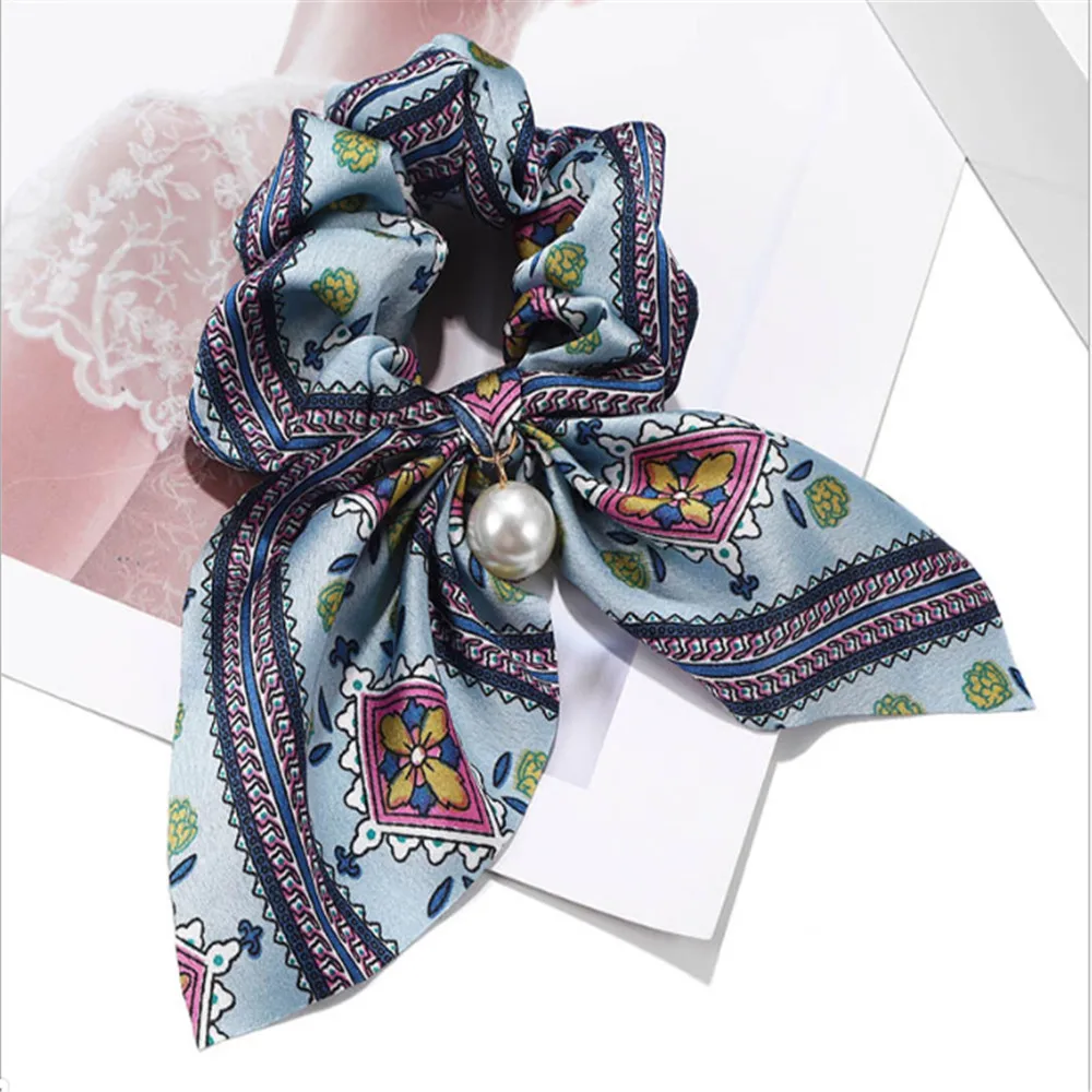 Light Blue Резинки для волос, шифоновые эластичные резинки для волос, бант, жемчуг, резинки для волос, держатель для конского хвоста, шелковые резинки для волос для женщин, аксессуары для волос - Цвет: Light Blue