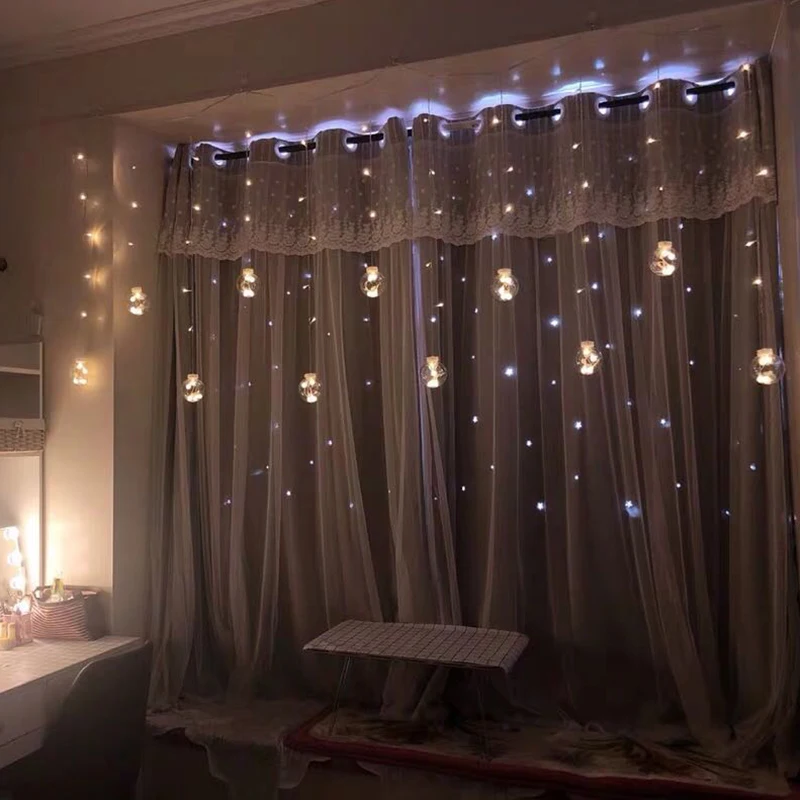 

Hot Hollow Star Blackout Curtains with Valance Double Layer Princess Full Shading Cortinas Cloth Curtains for Girl's Bedroom