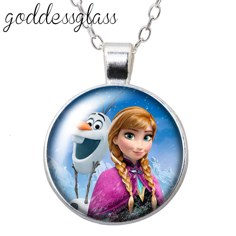 Winter Princesses Elas Anna Girls gift Round Glass glass cabochon silver plated/Crystal pendant necklace jewelry for Gift images - 6