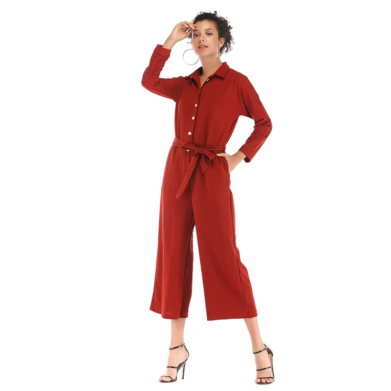 

Women 2021 Autumn Chiffon Long Sleeve Jumpsuit Ladies Casual Lapel Button Belted Loose Broad-legged Pants Female Lady Overalls