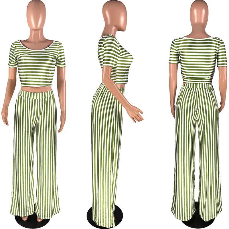 

Solid Color Striped Print T-Shirt & Weg Leg Trousers Summer Women Suit Hot Style Model European and American Two Piece Set