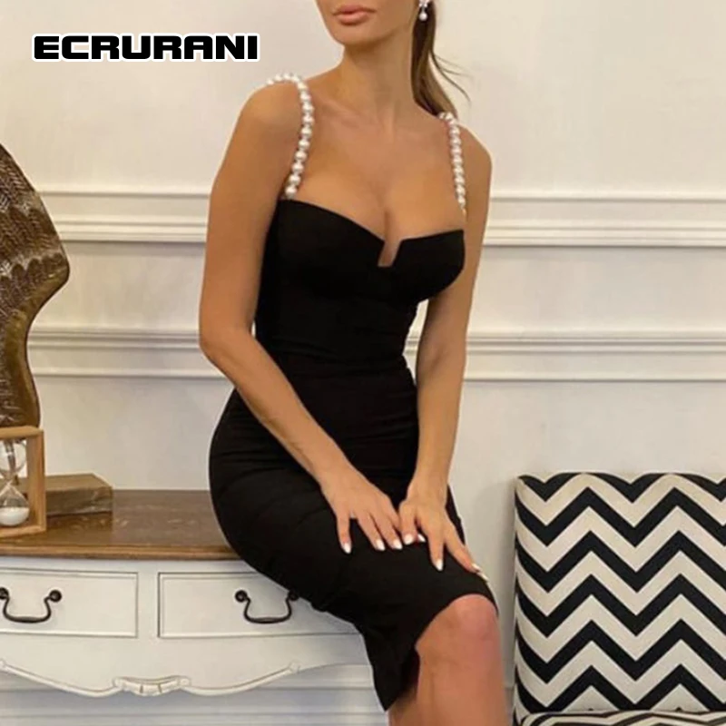 

Платье ECRURANI женское однотонное с квадратным вырезом, элегантное черное платье без рукавов, с высокой талией, до колен, летняя одежда