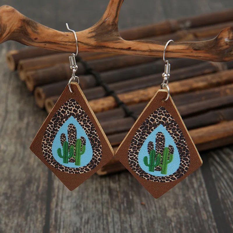 

2022 Western Jewelry Trendy Cactus Leopard Cow Tag Faux Leather Earrings Wholesale Teardrop Dangle Drop Earrings Cowgirl Gift