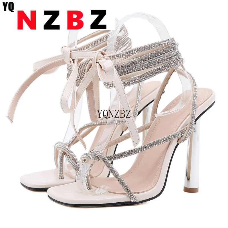 

YQNZBZ Elegant Women Wedding Dress Shoes Fashion Crystal Rhinestone Cross Strap Designer Sandals Square Toe Stiletto Heels