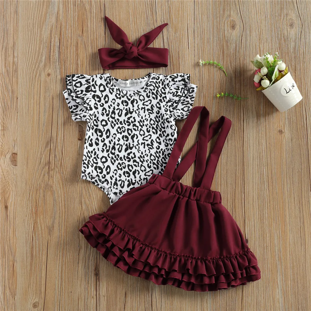 

WenaZao Infant Toddler Baby Kids Girls Summer Cute Round Neck Short Sleeves Leopard Rompers Multi Layers Skirt Bowknot Hairband