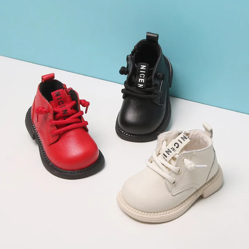 

Cowhide Children's Martin Boots Autumn Winter Toddler Girls Boys Fashion Short Boots Fleece Cotton-padded Shoes