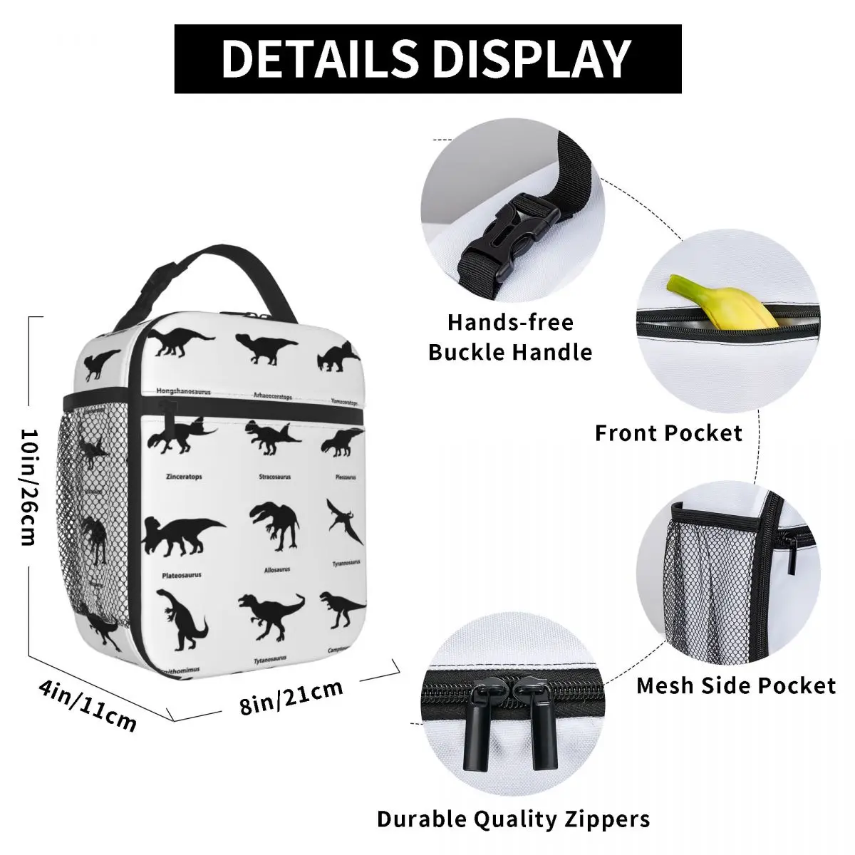 

Black Dinosaurs Lunch Bag for Women Men Large Insulated Lunch Box with Water Bottle Holder and Pockets