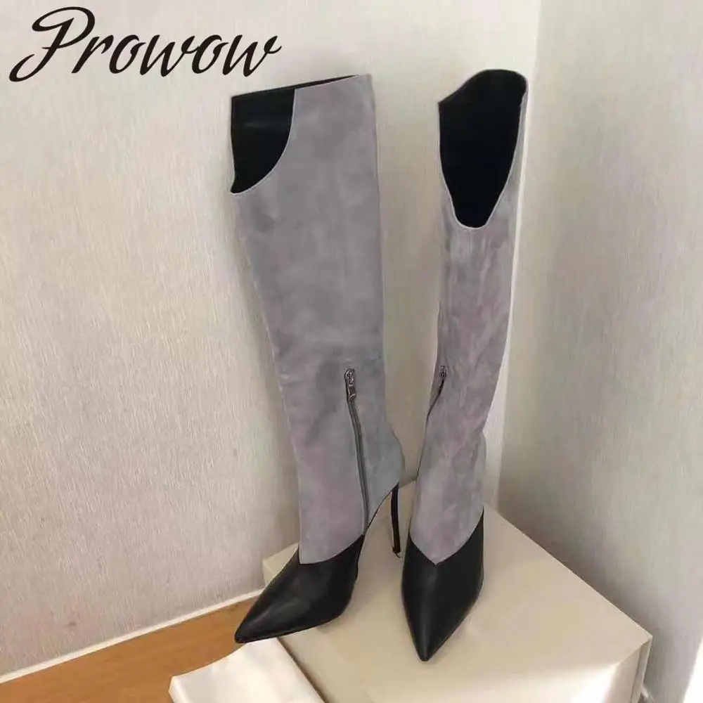 Prowow пикантные сапоги до колена из натуральной кожи высокого качества с острым носком пикантные женские модельные сапоги на высоком каблуке с молнией сбоку