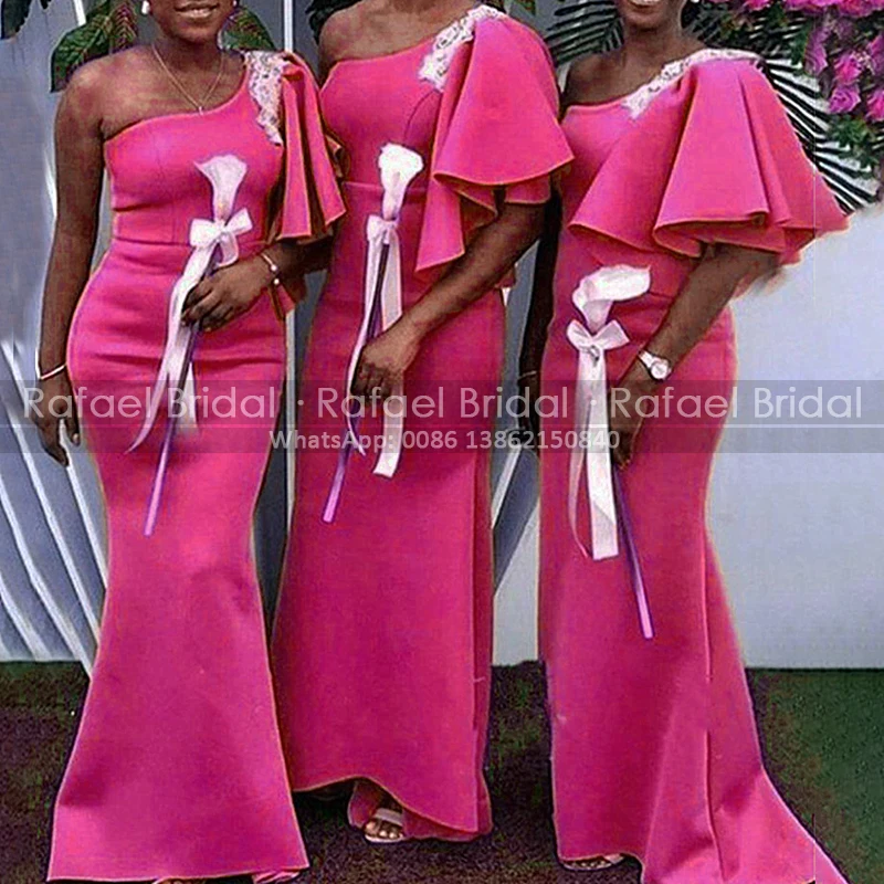 

Fuchsia One Shoulder Bridesmaid Dresses With White Appliques 2021 Mermaid Long Wedding Party Dress Maid Of Honor