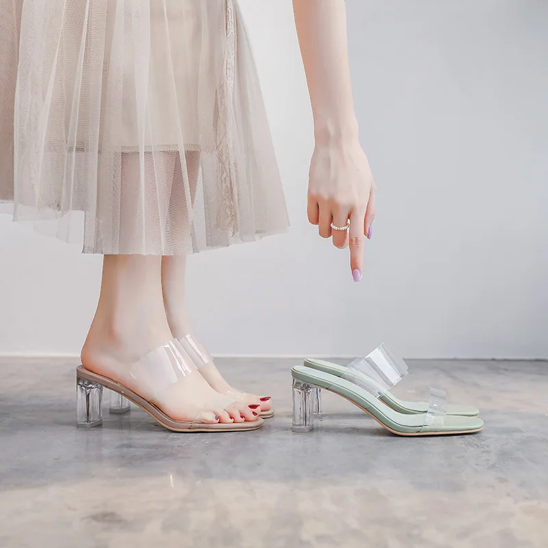 

Transparent High Heels Women's Sandals 2021summer New Sexy Outer Wear Chunky Heel Sandals Mid Heel Fashion Crystal Slippers