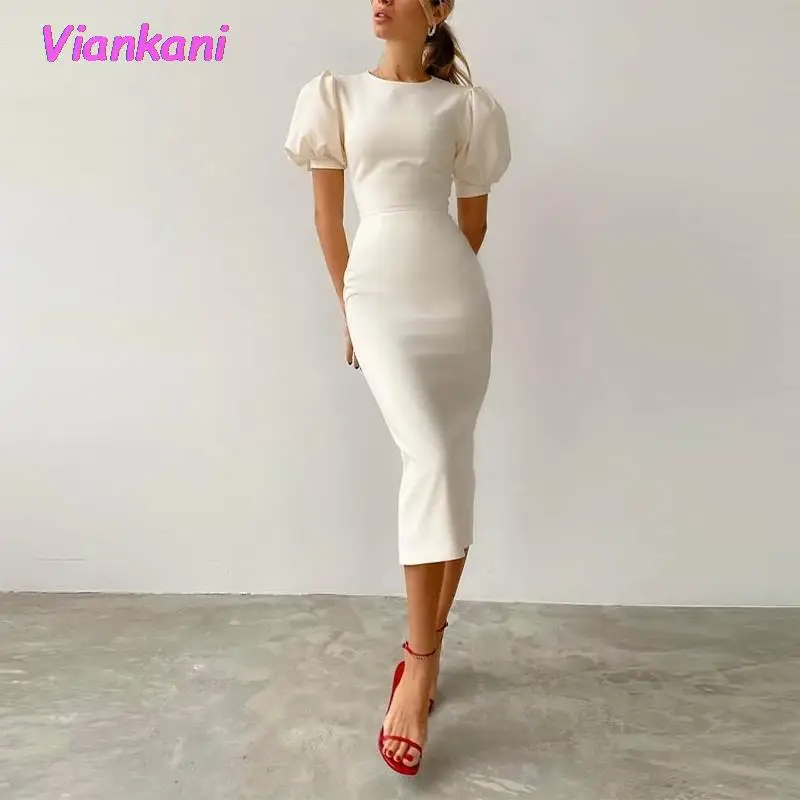 

2021 White O-Neck Puff Sleeve Office Lady Dress Summer High Waist Tight Dress Simple Elegant Party Women's Dress Vestidos