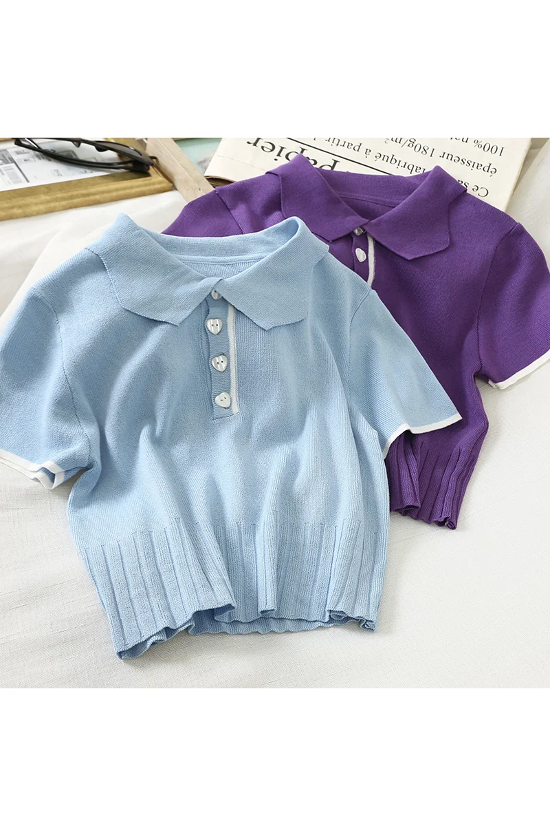 HELIAR Tees Purple Polo Shirt Women shirts Knitted Short Sleeve Casual Summer Peter pan Collar For | Женская одежда