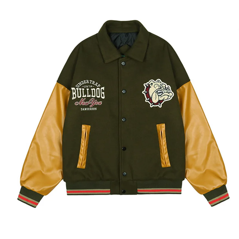 

New Fashion High Street Letter Embroidery Jackets Pu Sleeves Cartoon Animal Streetwear Outwear Tops For Couples Patchwork