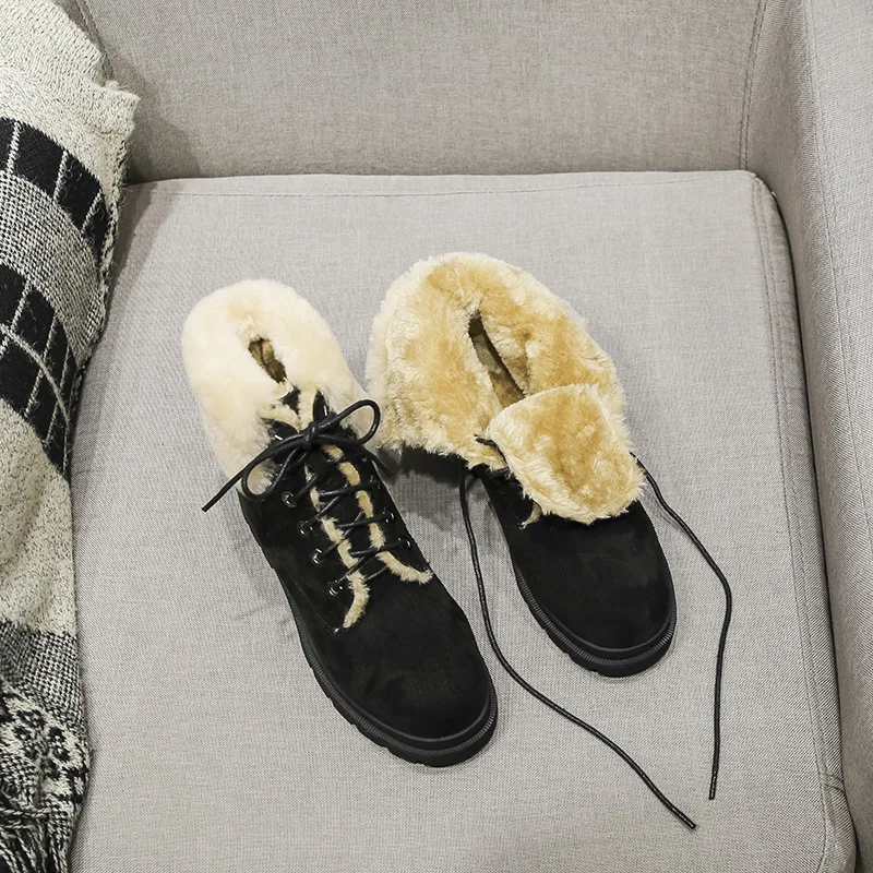 

2021 Winter Warm Shoes Women Fashion Snow Boots Angora Shoes Lady Ankle footware Plush Female botas mujer Cross-tied Boots Black