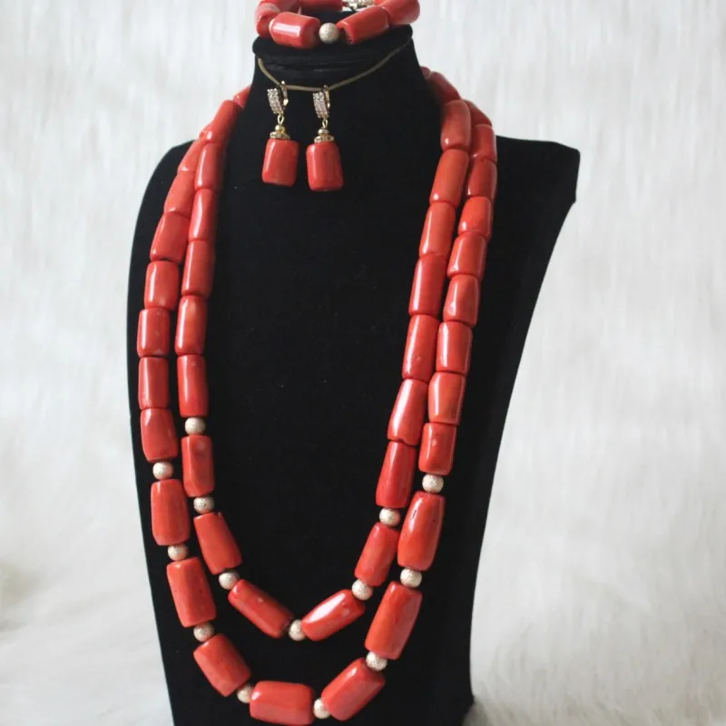 

4uJewelry 12-15mm Nature Coral Jewelry Sets Orange and Gold Earrings Bracelet Necklace Set Jewellery Set 2 Layers Long 2019 New