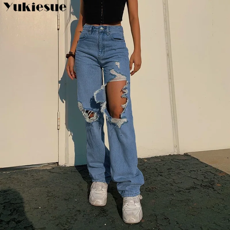 

streetwear high waist women's fashion jeans woman ripped hole women wide leg pants trousers female jean femme denim bagge jeans