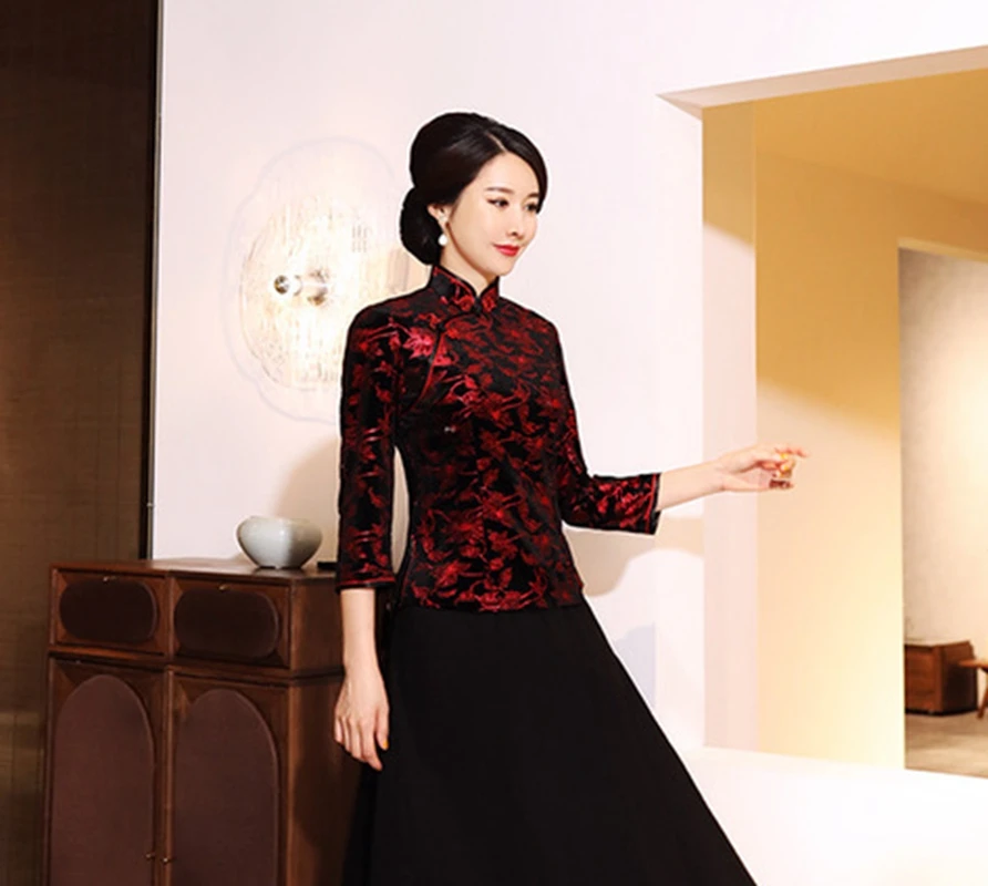 Китайский традиционный стиль осень зима бархат cheongsam женский короткий параграф семь точек рукав принт Тан костюм рубашка