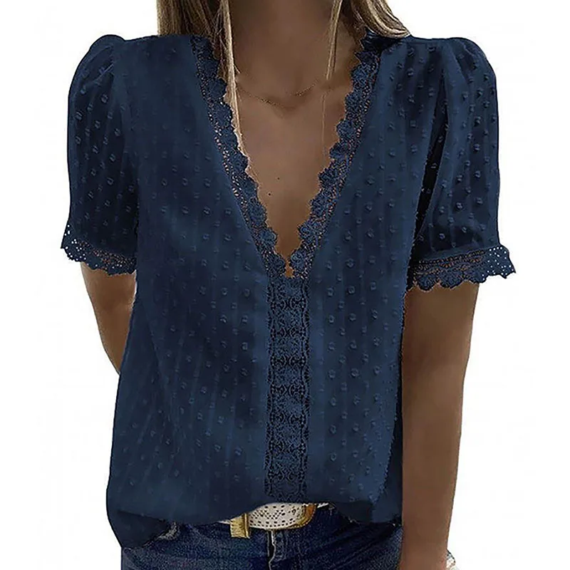 

Women's Summer Fashion Lace Short Sleeve Casual T-Shirt V-Neck Solid Color Aesthetic And Elegant Female Tops