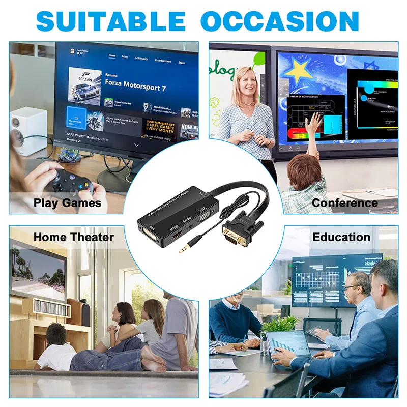 4-в-1 VGA к HDMI DVI переходник аудио Выход конвертер для настольных ПК @ JH |