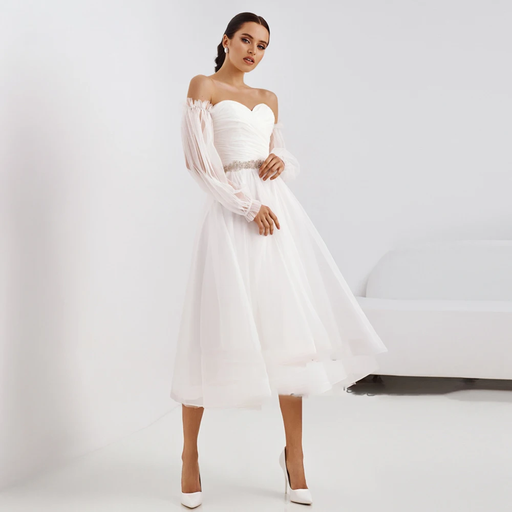 

UETEEY Simple Wedding Dress Off the Shoulder Ruched Puffy Long Sleeve Bride Gowns Pleat Corset Zipper 2022 Vestido De Noiva