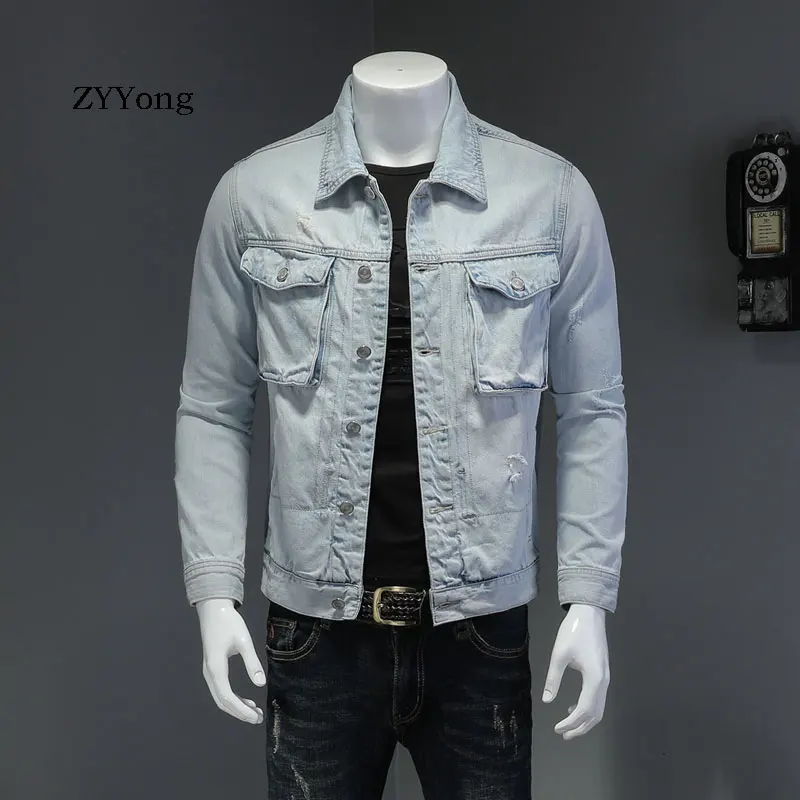 Мужская джинсовая куртка бомбер синий рваный светильник Повседневная Верхняя