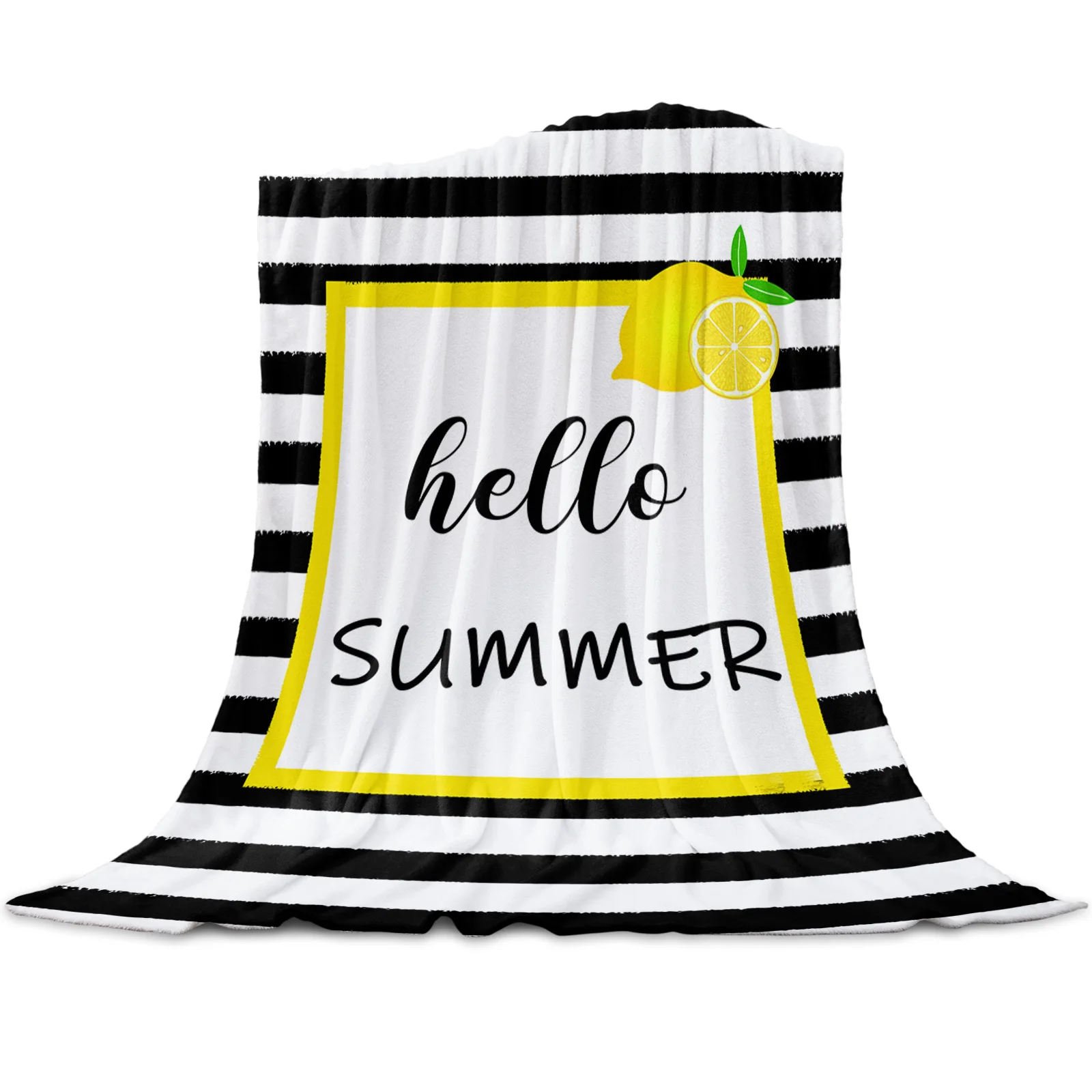 

Summer Lemon Black And White Stripes Throw Blanket Soft Picnic Blanket Home Decor Microfiber Flannel Blankets for Beds