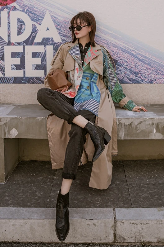 

New Design Print Patchwork Turn Down Collar Full Long Trench Coat for Women