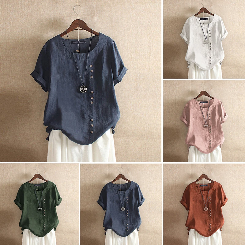 

2020 Gothic Summer Women Cotton Linen Baggy Blouse Short Sleeve Loose Elegant Ladies Linen Blouse Shirt Mujer Blusa Plus Size