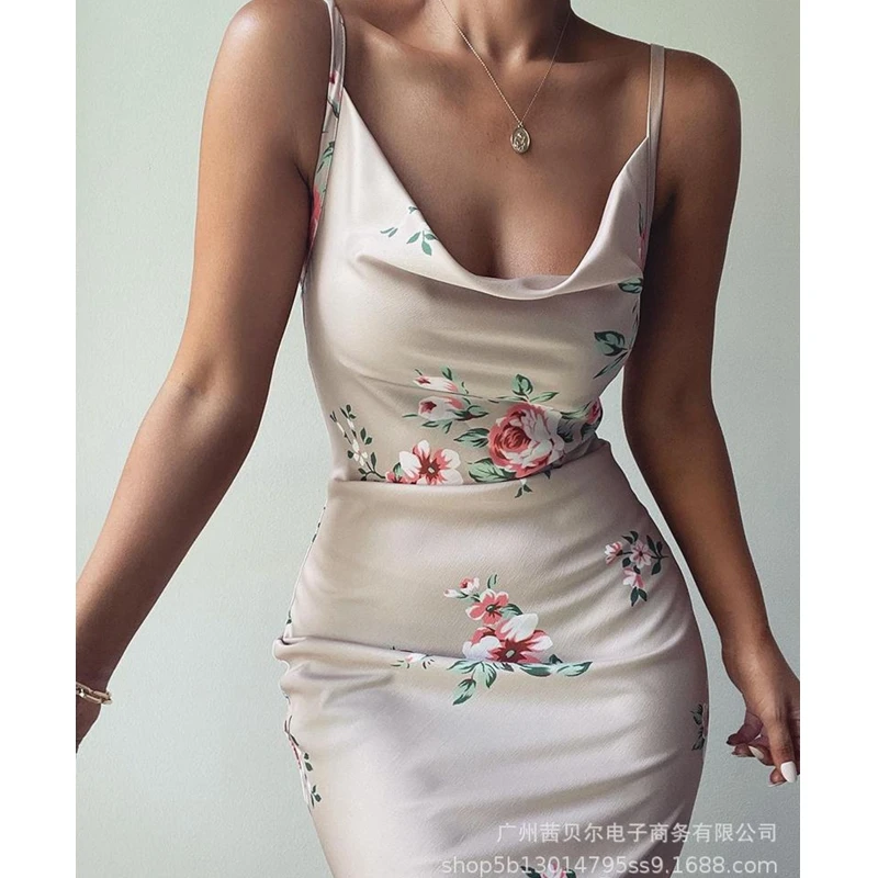 

Mandylandy Dress Summer Sexy V-neck Backless High Waist Spaghetti Strap Dress Women's Casual Flower Print Slim Dress