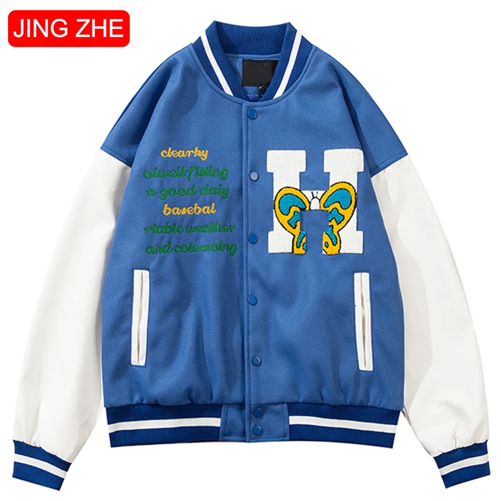 

JING ZHE Baseball Jacket Men Patch Furry Letter Embroidery Coats Harajuku College Style Bomber Jackets Couple Streetwear Autumn
