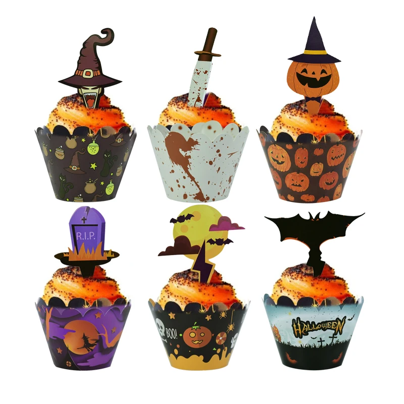 

24Pcs Halloween Decoration Cupcake Wrapper Cup Muffins Horror Pumpkin Witch Bat Cake Toppers For Home Halloween Party Cake Decor