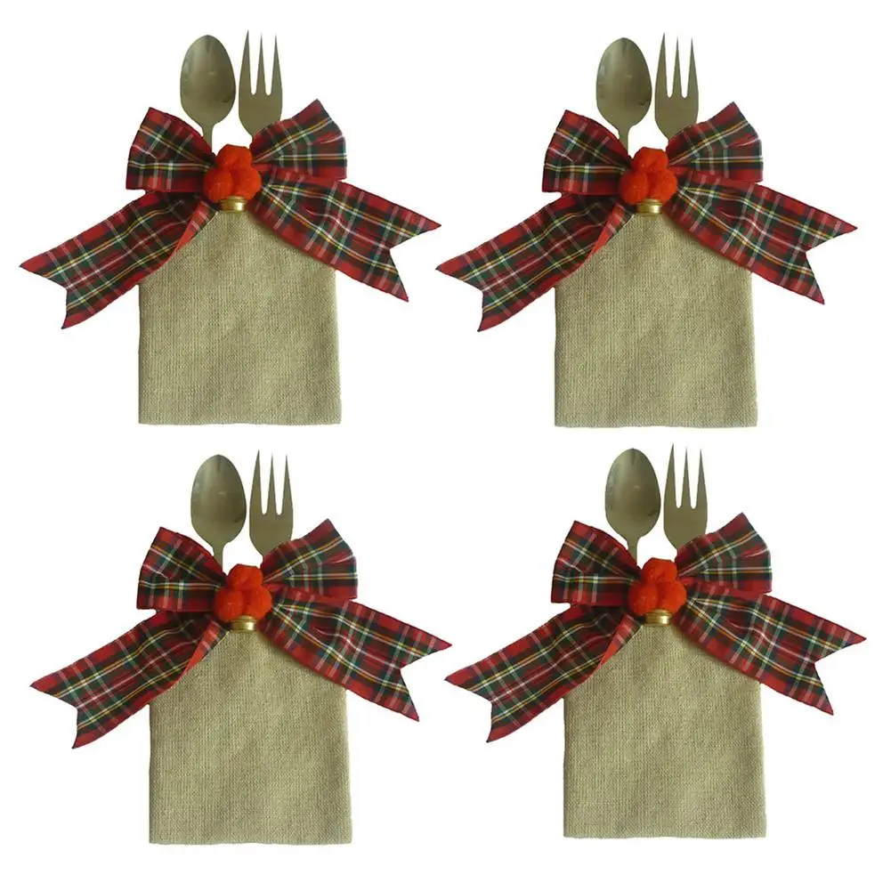 

4pcs Christmas Cutlery Pocket Bags Linen Tableware Burlap Bag With Bowknot Fork Knife Spoon Holder For Christmas Dining Table Vi